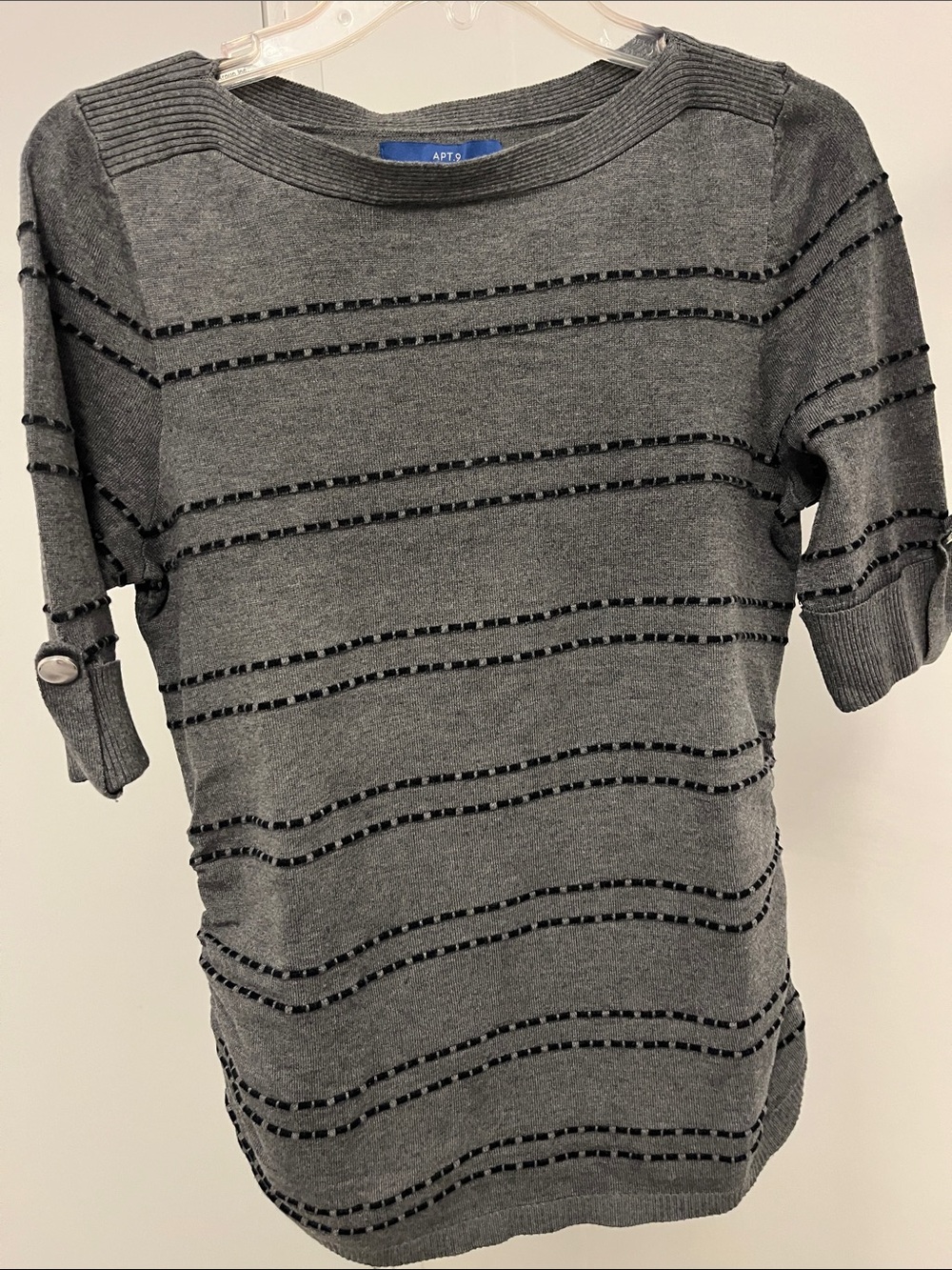 Apt. 9 Gray Short-Sleeve Knit Top with Ribbon-Trim Stripes
